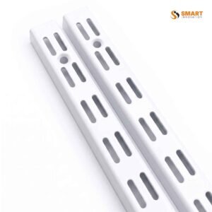 twin slot uprights mounted on a wall for adjustable shelving