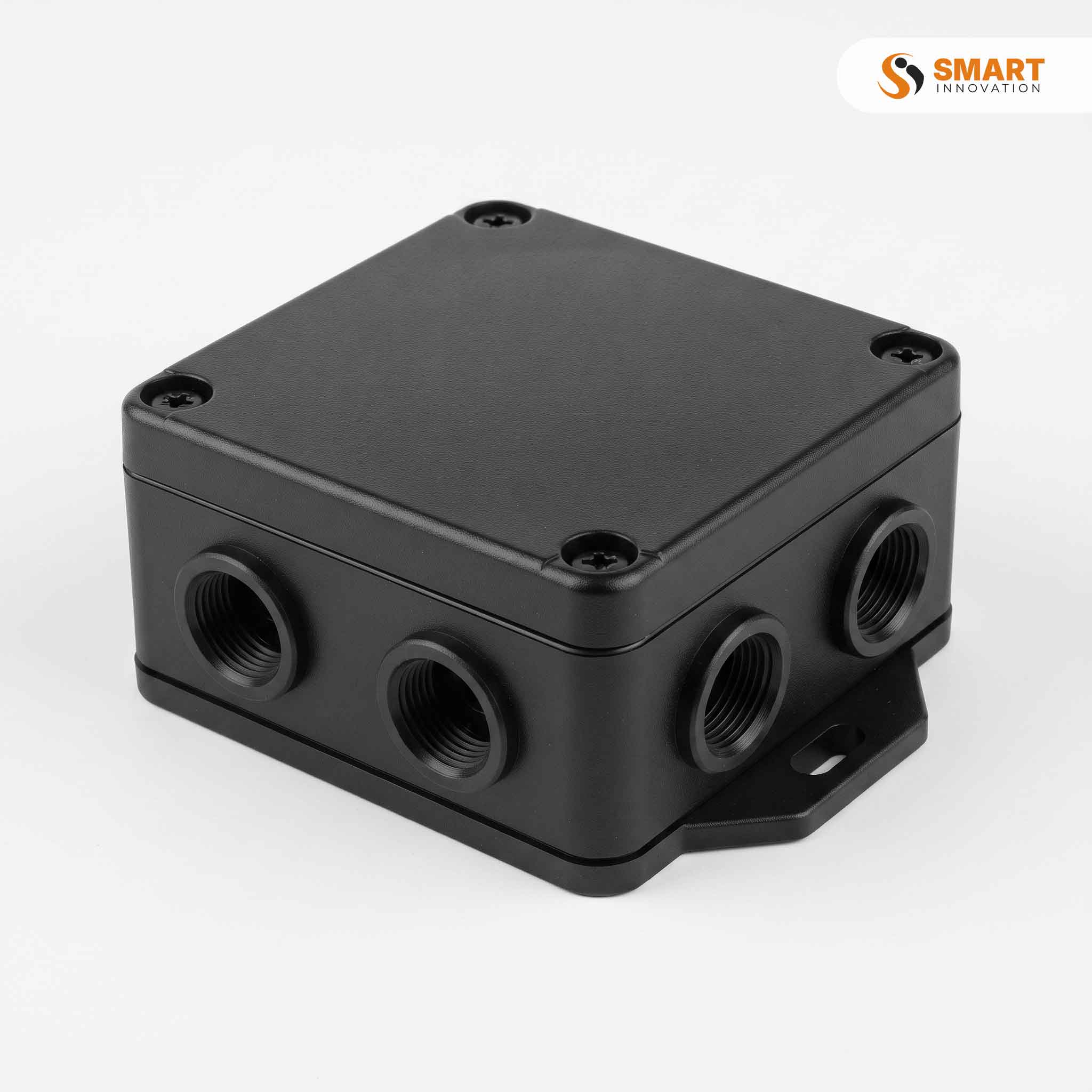 Black electrical junction box with multiple threaded cable entry points