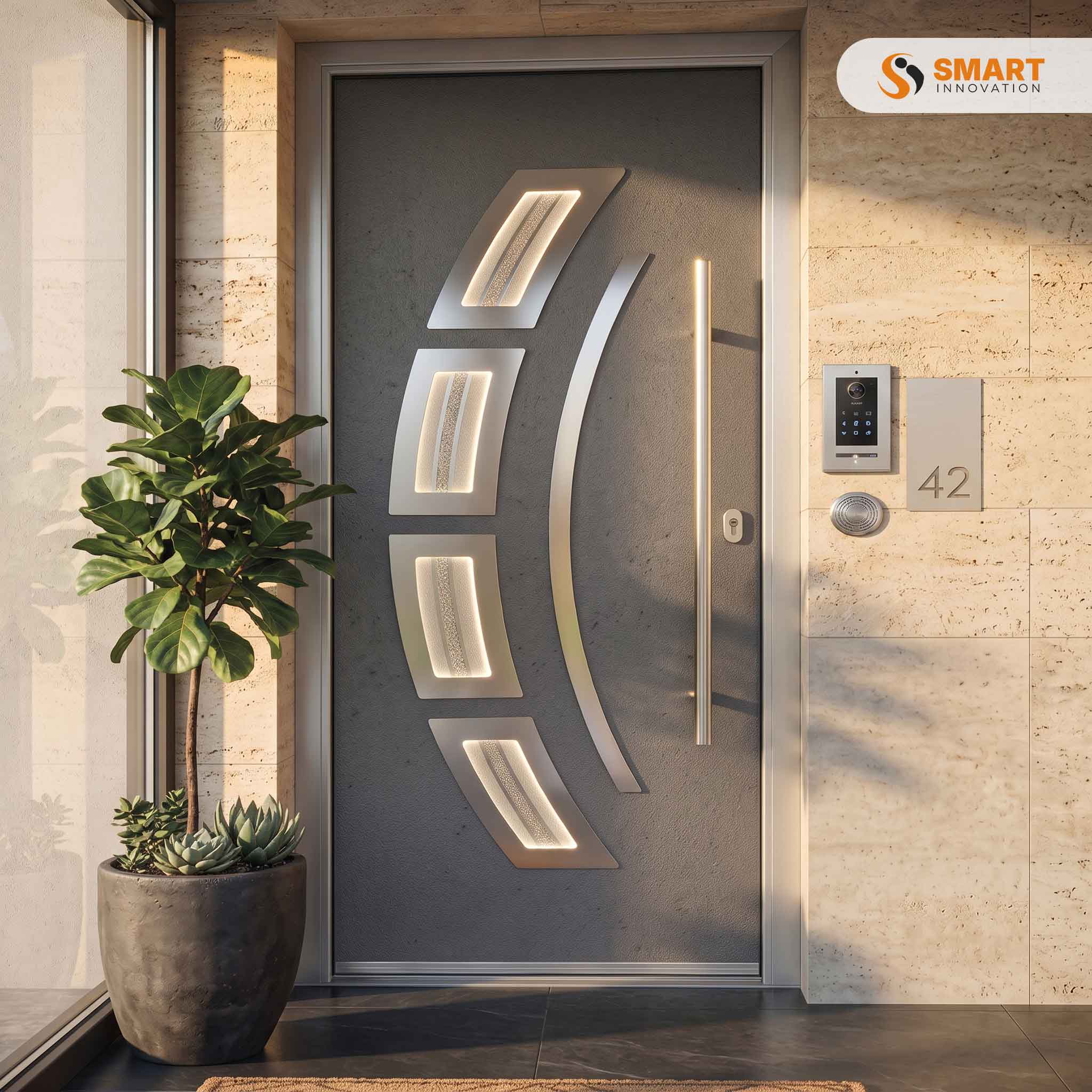 Inox composite front door with decorative glazed inserts, curved stainless steel feature, and long pull handle