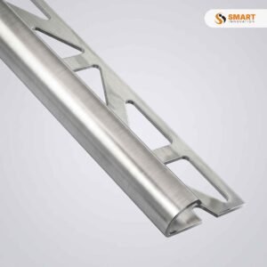 round edge chrome trim finishing an exposed tile edge