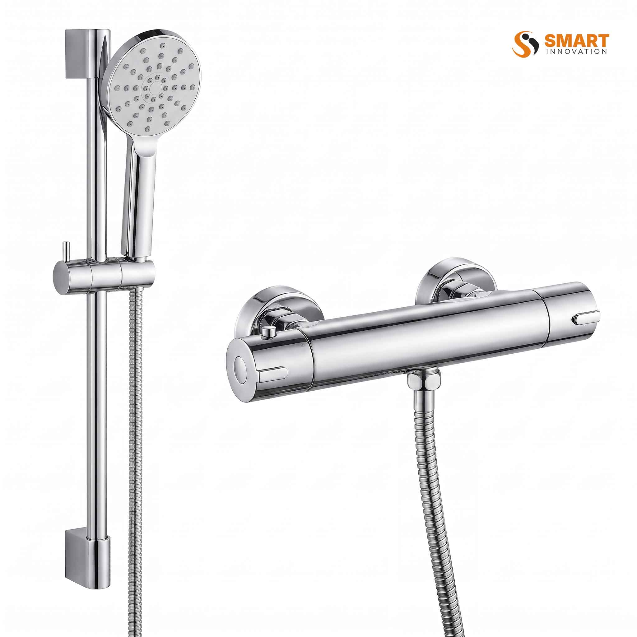 Monza thermostatic shower mixer with chrome slider bar, handheld shower and integrated soap holder