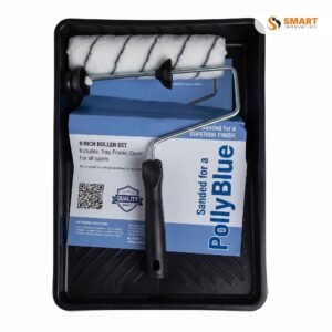 poly blue roller tray loaded with paint and a roller