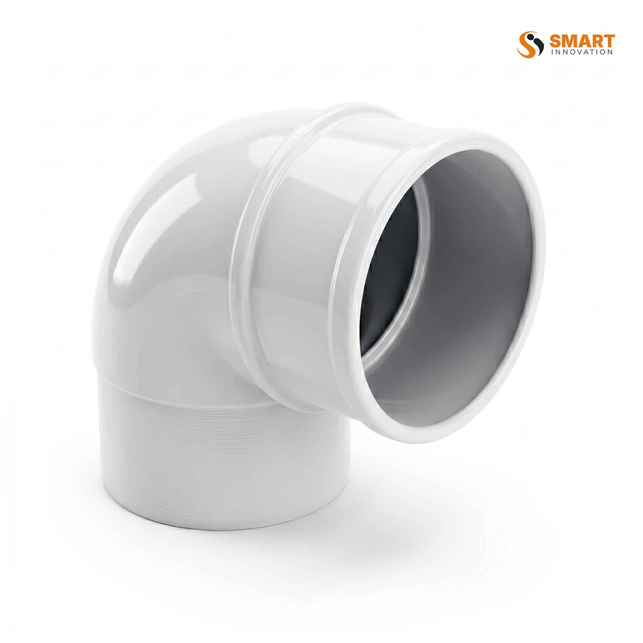 68mm round white UPCV 90 degree bend for rainwater downpipe systems.