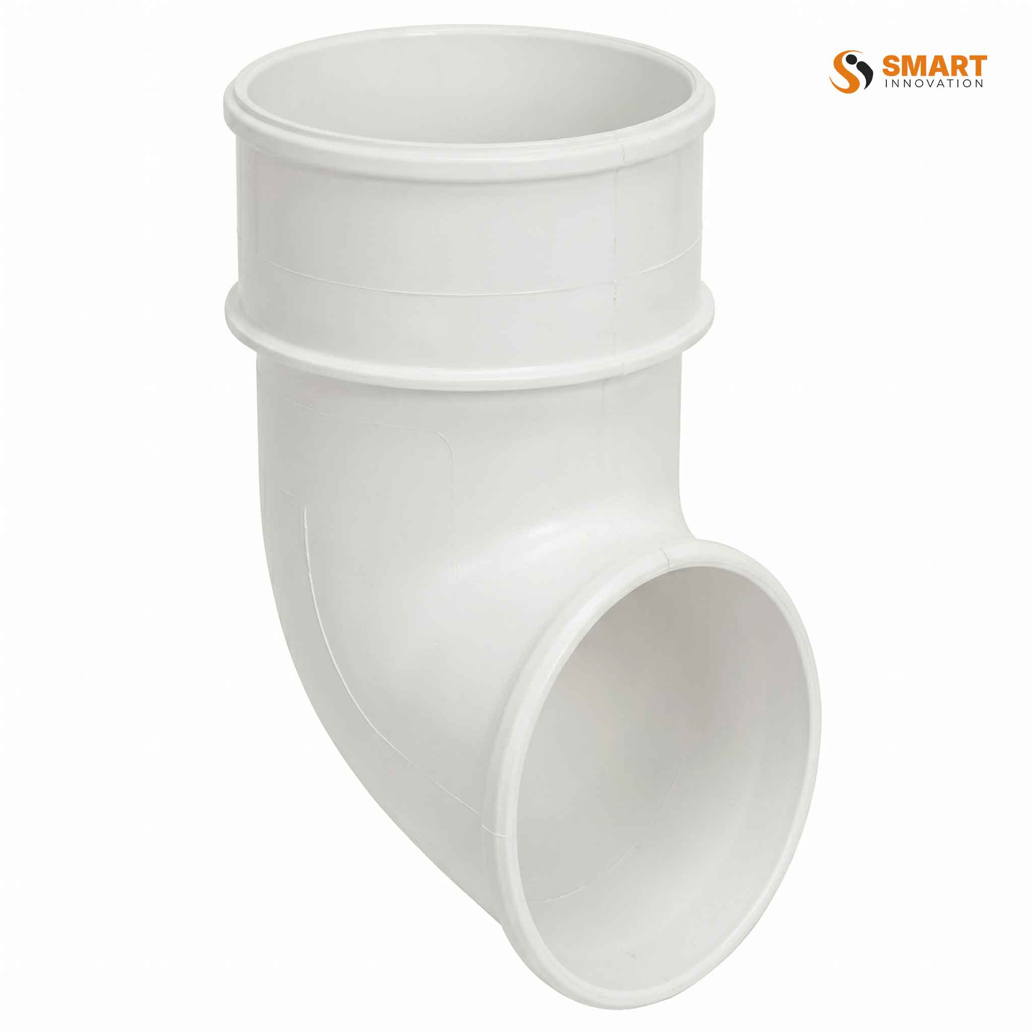 68mm round white UPCV down pipe shoe for rainwater drainage systems.