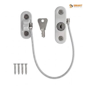 A Safe Cable Restrictor fitted to a window, limiting how far it opens while allowing controlled ventilation.