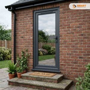 Grey UPVC back door with full-height double-glazed panel installed in a brick house
