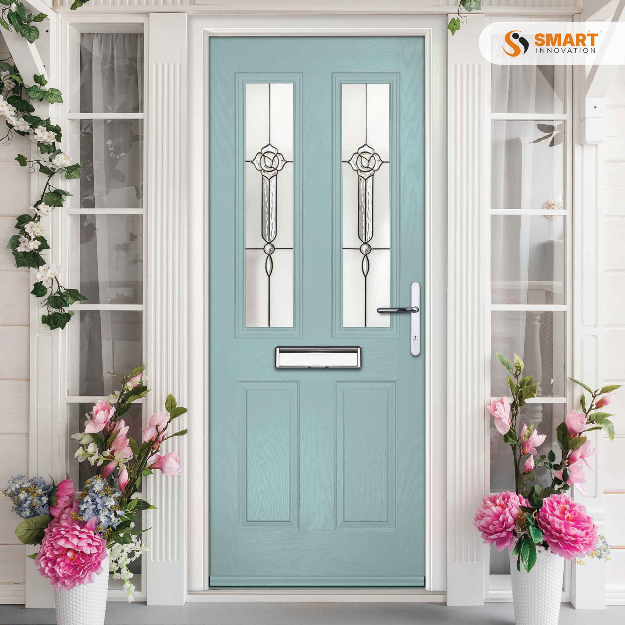 Carnousite light blue composite front door with twin decorative glazed panels