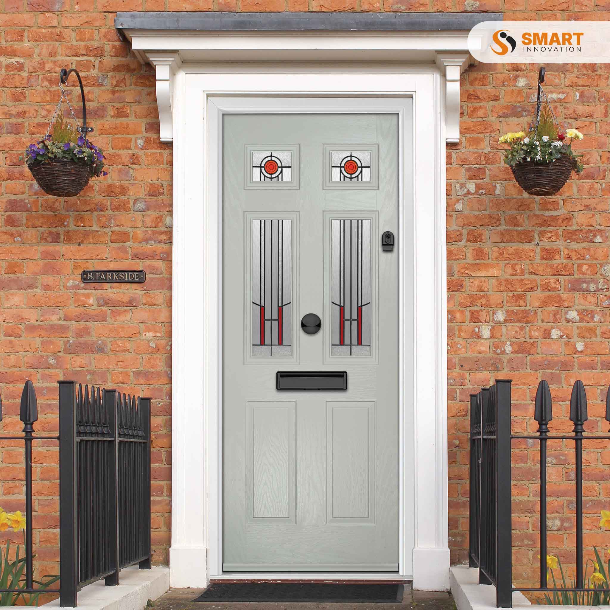 Troon light grey composite front door with decorative glazed panels