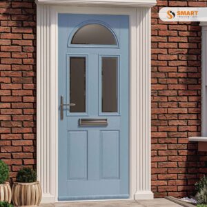 Riviera light blue composite front door with arched and vertical glazed panels