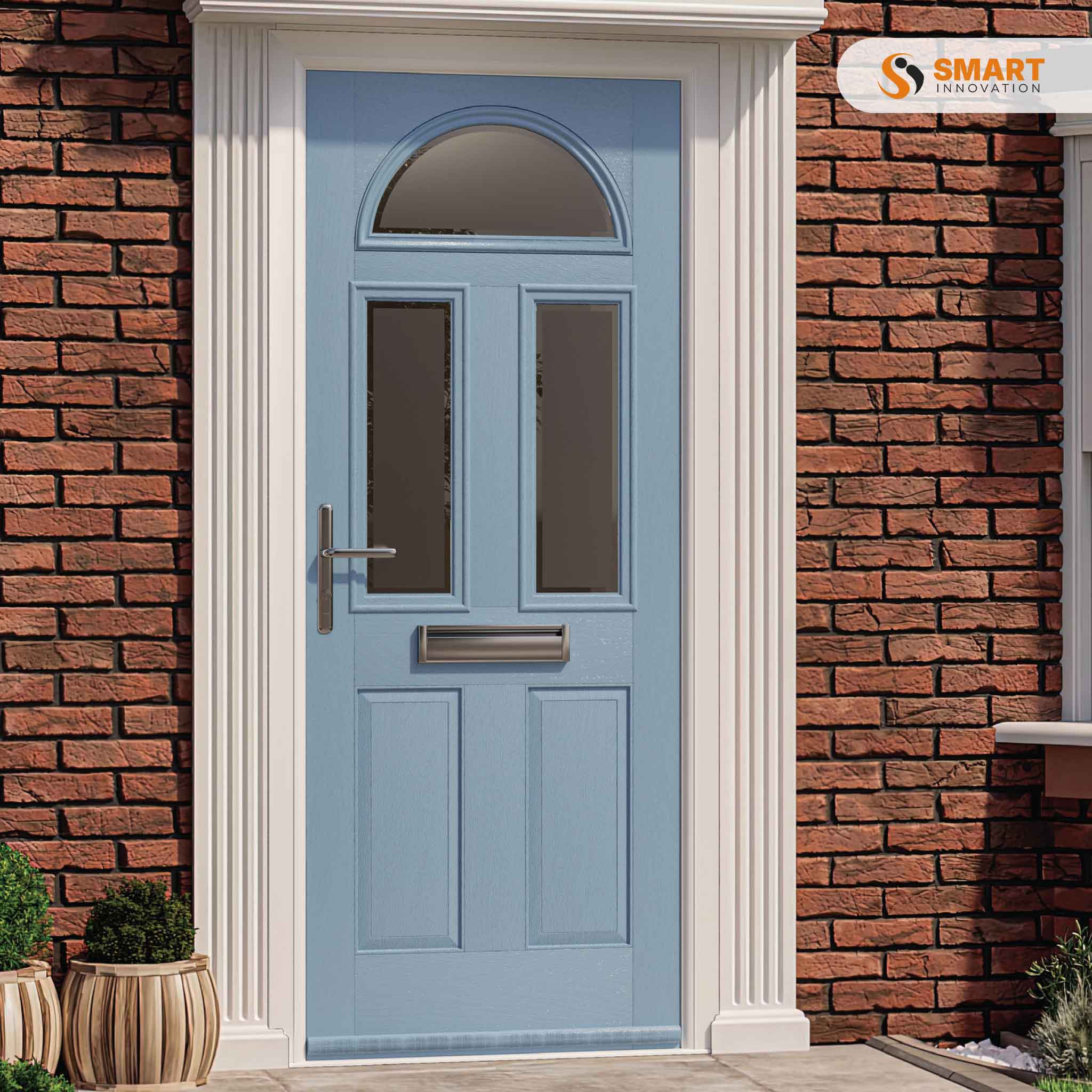 Riviera light blue composite front door with arched and vertical glazed panels