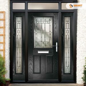 Lytham black composite front door with decorative glazed panel and matching sidelights