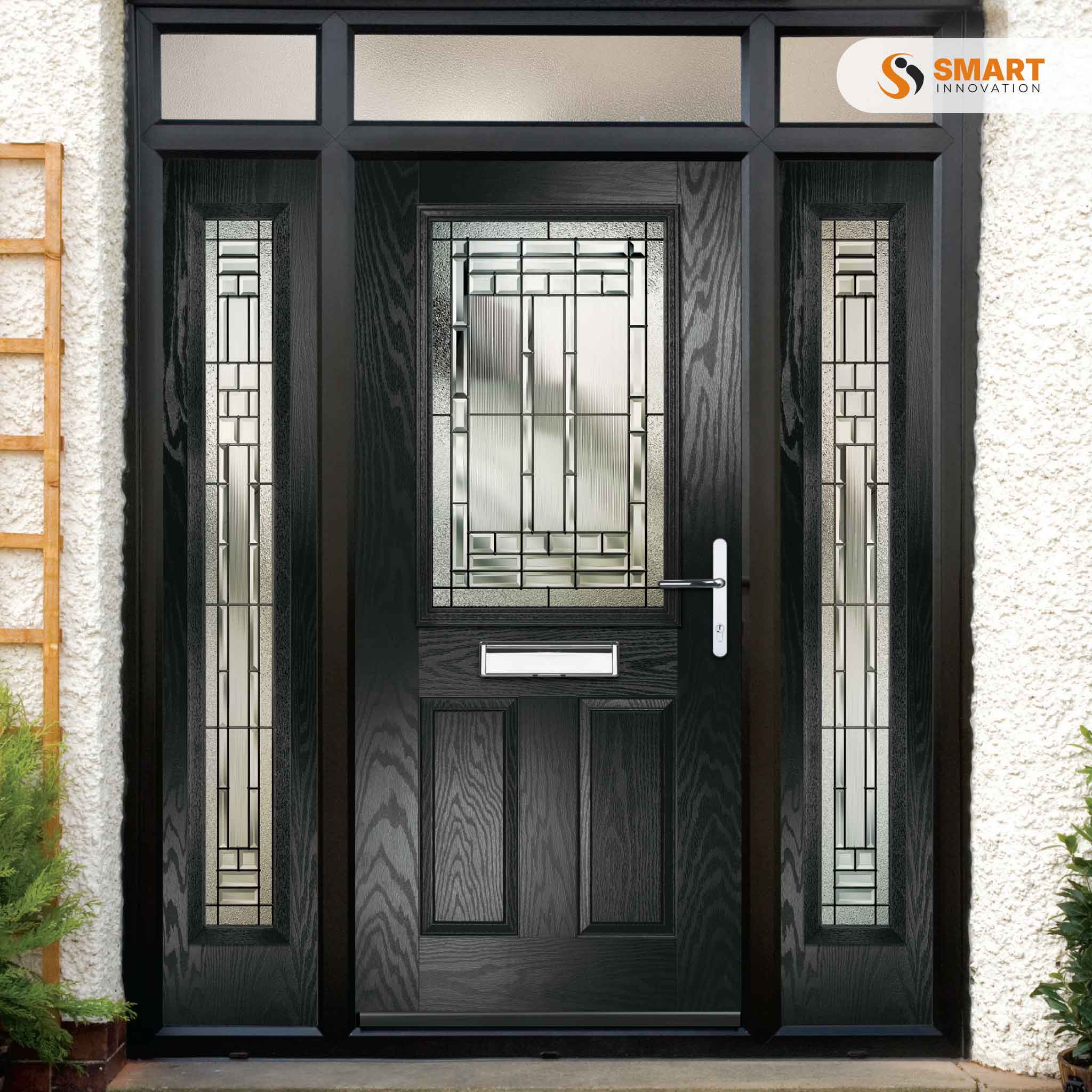 Lytham black composite front door with decorative glazed panel and matching sidelights