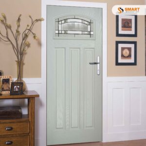 St Andrews light grey composite front door with arched decorative glazed panel
