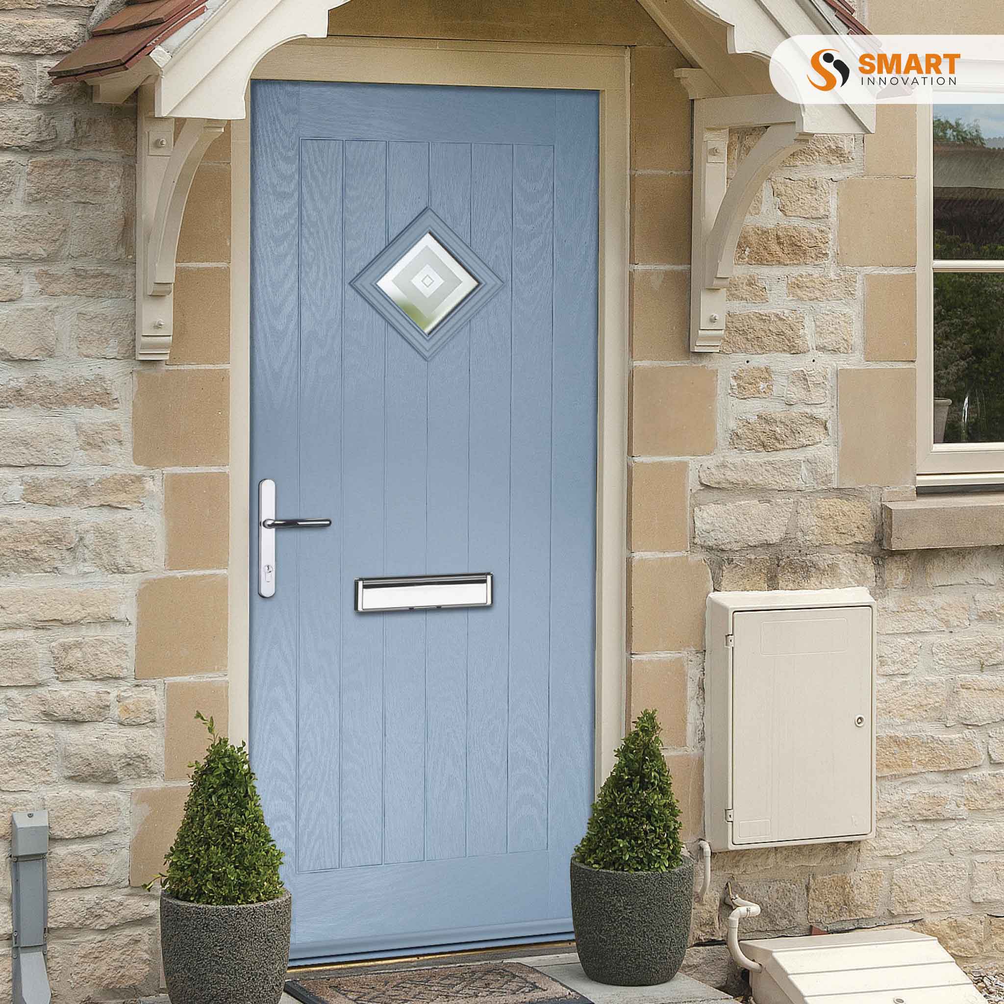 Belfry light blue composite front door with diamond decorative glazed panel