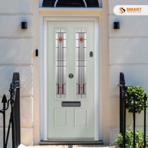 Contemporary Oulton light grey composite front door with twin decorative glazed panels