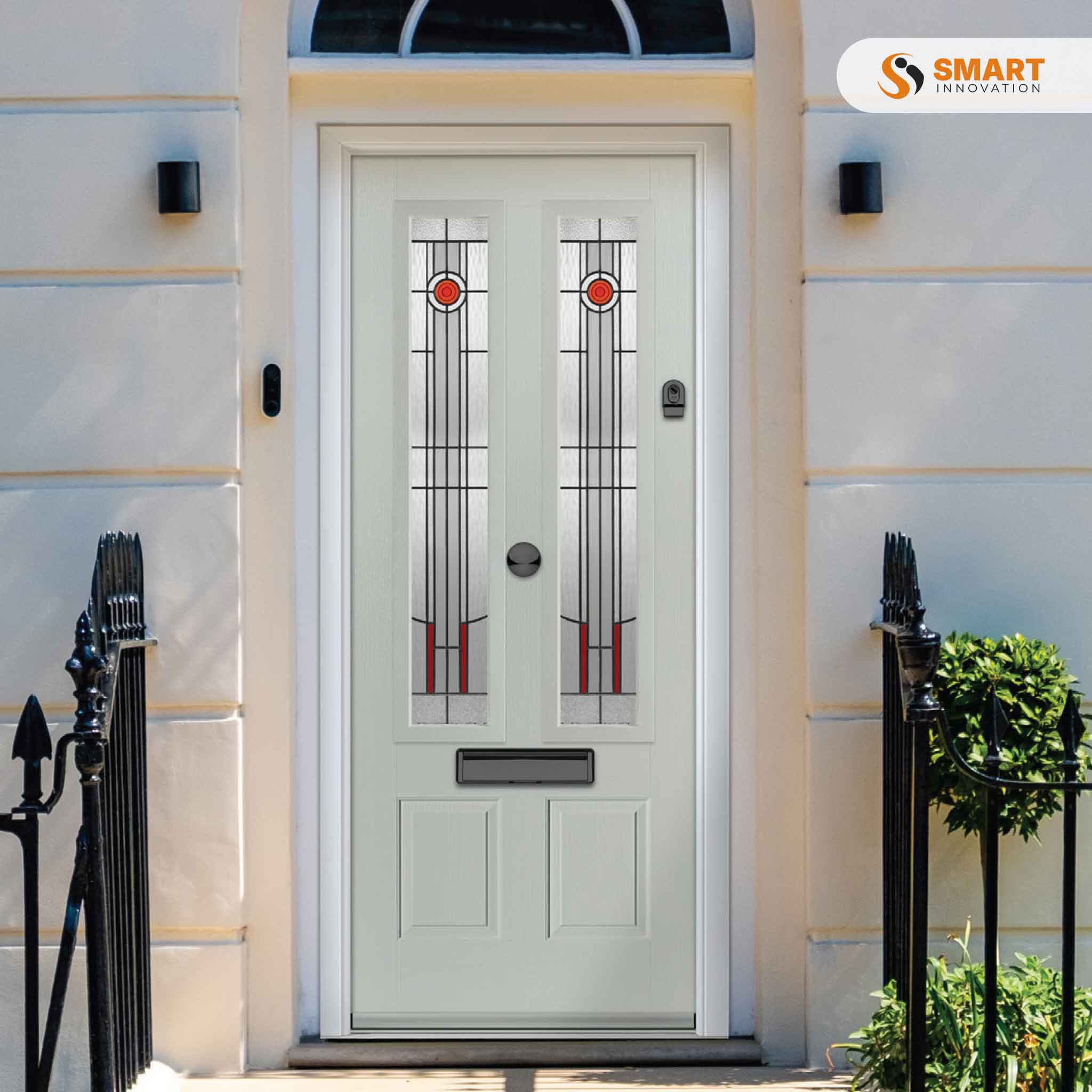 Contemporary Oulton light grey composite front door with twin decorative glazed panels