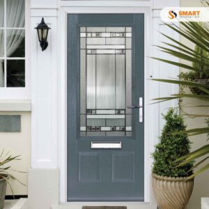 Contemporary Gleneagles anthracite grey composite front door with decorative glazed panel