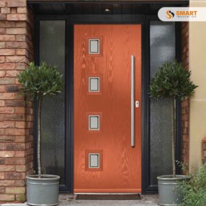 Contemporary Seminole golden oak composite front door with four square glazed panels