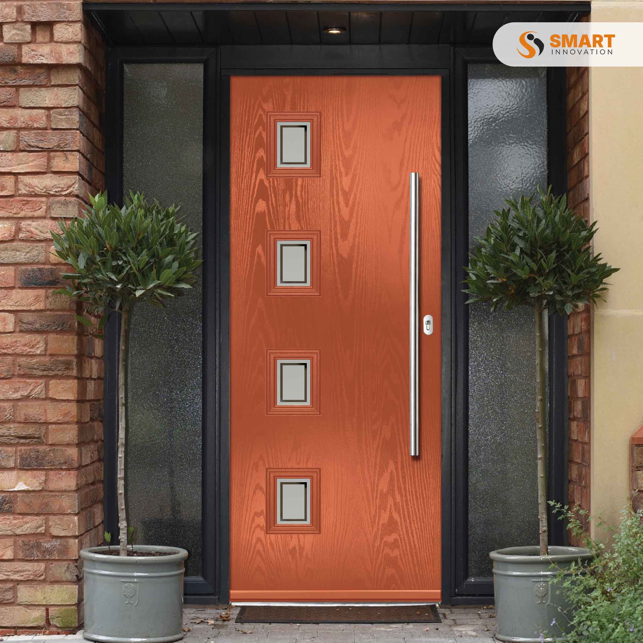 Contemporary Seminole golden oak composite front door with four square glazed panels
