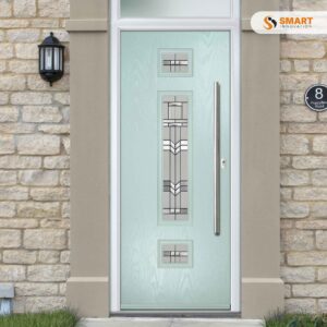 Contemporary Vilamoura composite front door with decorative glazed panels and stainless steel pull handle