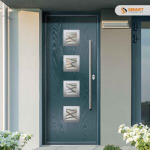 Contemporary Inox Nice composite front door with decorative glazed panel and stainless steel bar handle