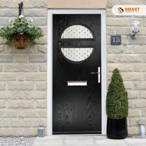 Contemporary Chantilly black composite front door with circular decorative glazed panel