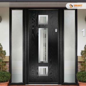 Contemporary Inox Lyon black composite front door with three decorative glazed panels