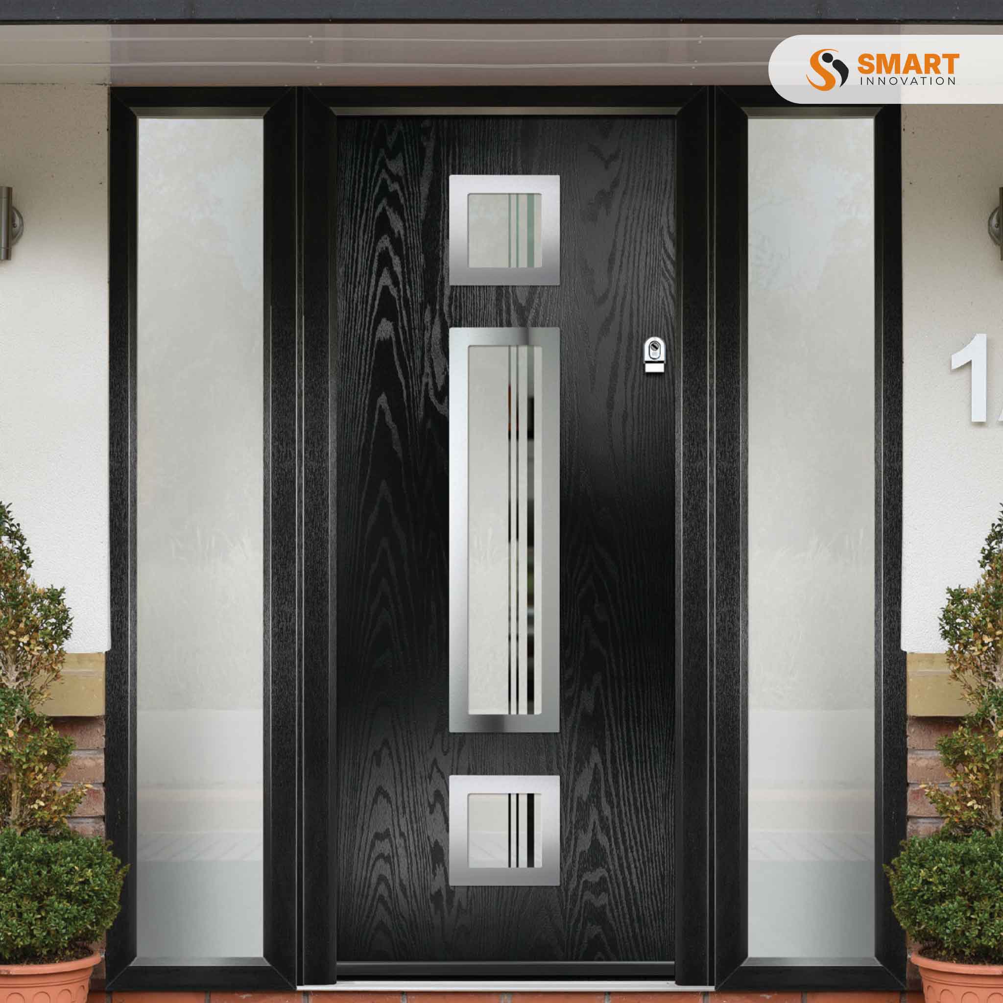 Contemporary Inox Lyon black composite front door with three decorative glazed panels