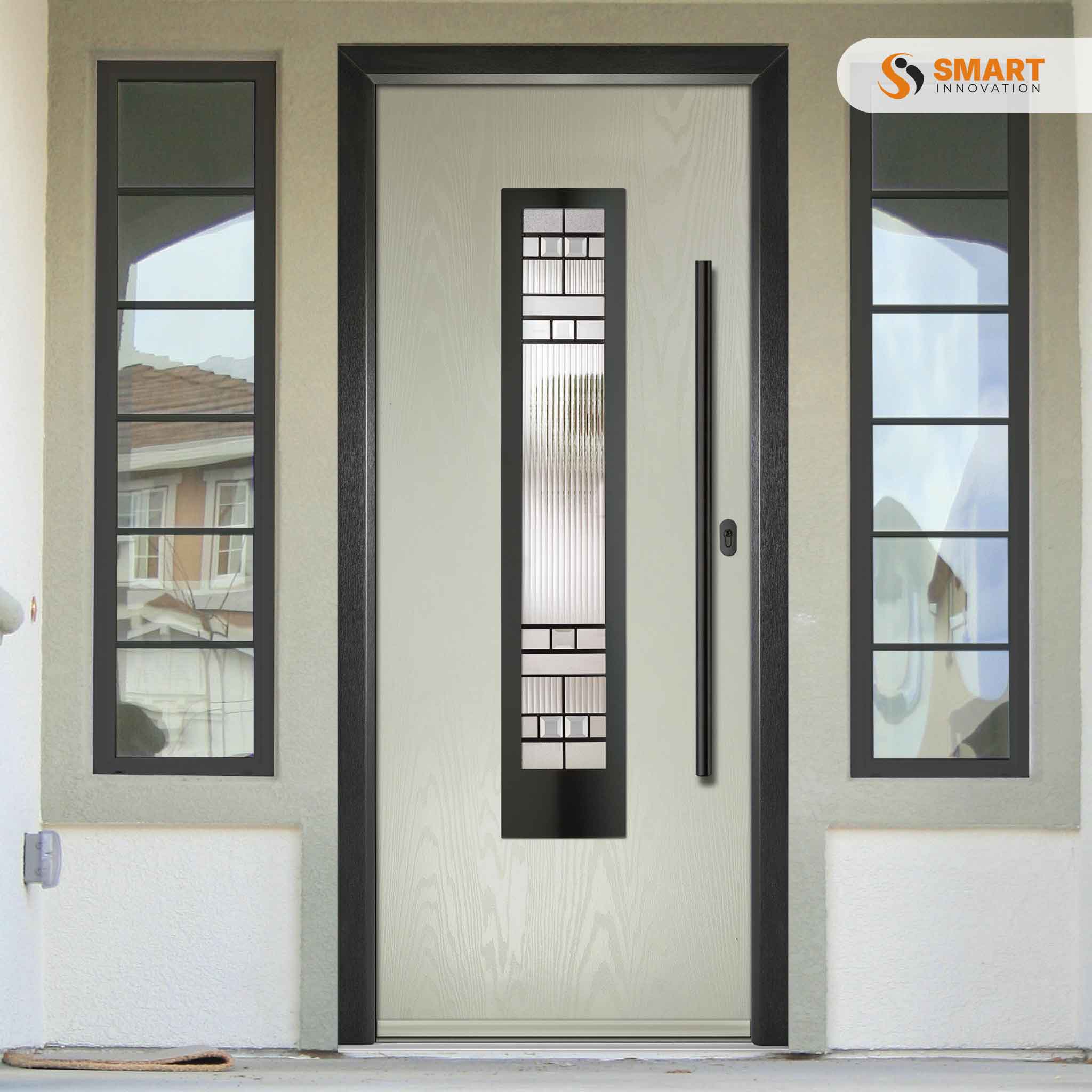 Contemporary Inox Munich white composite front door with decorative glazed panel