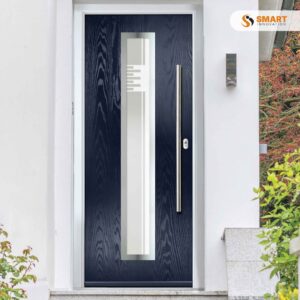 Contemporary Inox Monaco composite front door with full-length decorative glazed panel and long stainless steel handle