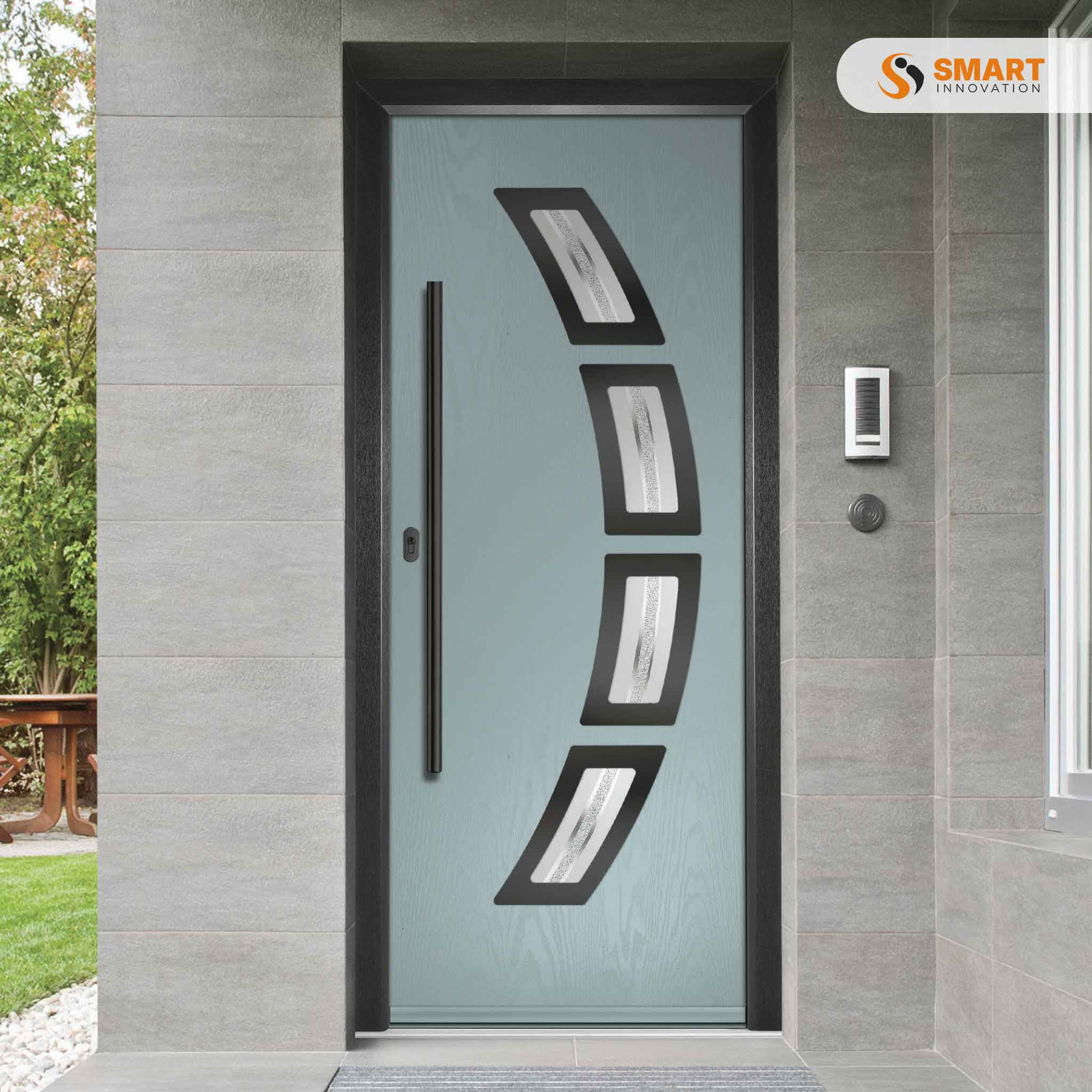 Contemporary Inox Barcelona composite front door with decorative glazed panel and long stainless steel handle