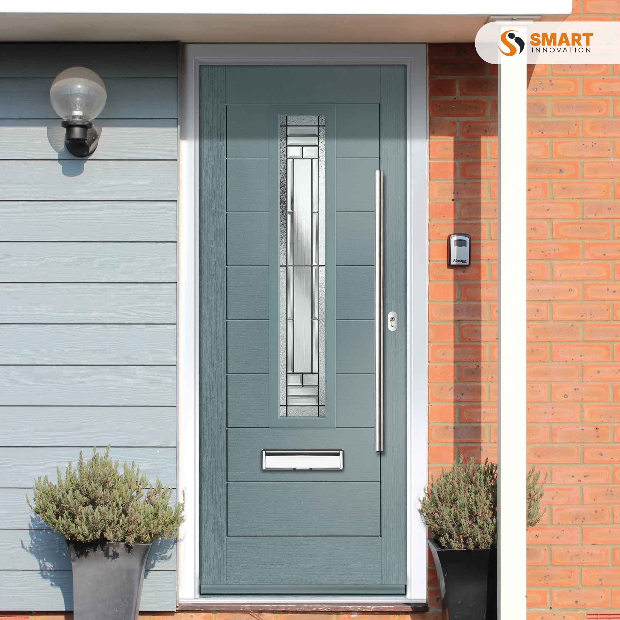 Contemporary Monza II Augusta Long composite front door with full-length decorative glazed panel and stainless steel pull handle