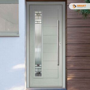 Contemporary Monza II Augusta composite front door with vertical decorative glazed panel and long stainless steel handle