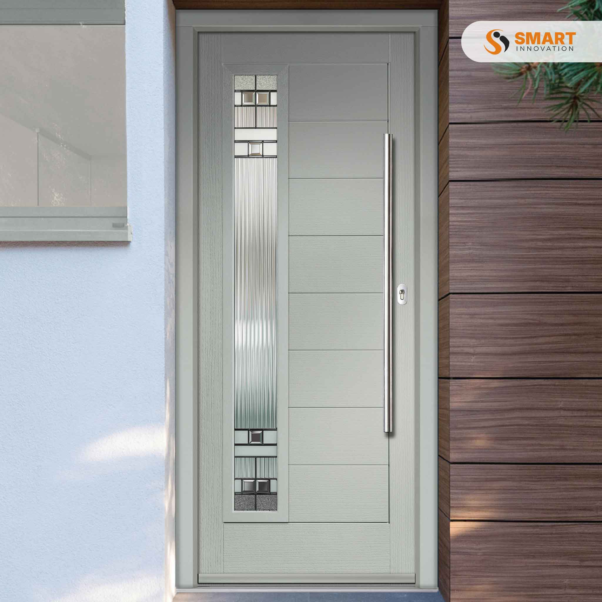 Contemporary Monza II Augusta composite front door with vertical decorative glazed panel and long stainless steel handle