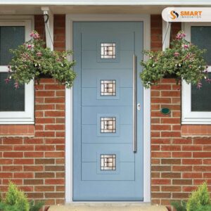 Contemporary Monza II Square composite front door with four square decorative glazed panels and long stainless steel handle