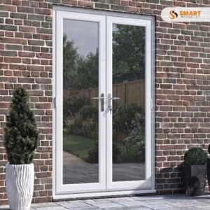 White UPVC French door with full glass panels and chrome handles