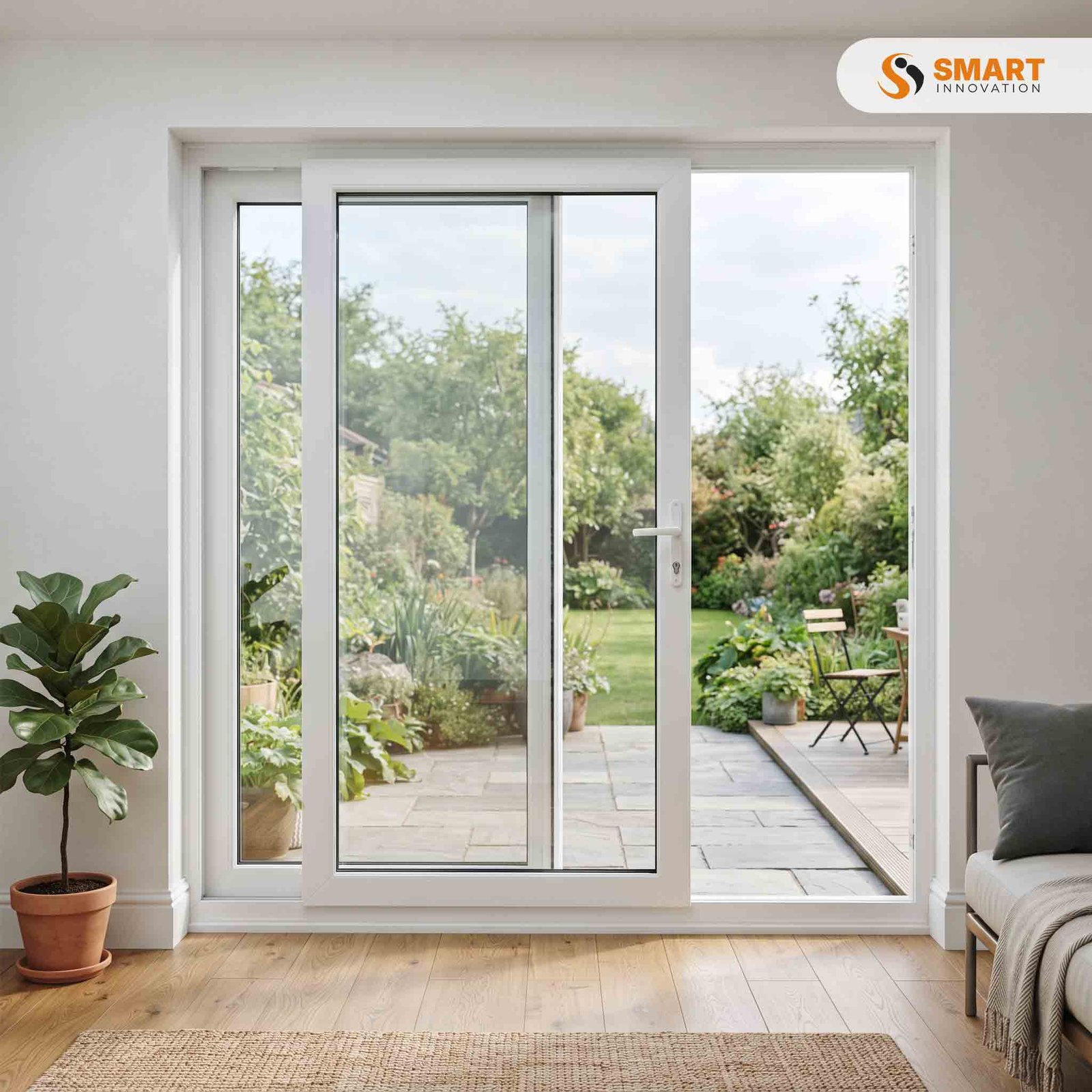 White UPVC sliding patio door with large double-glazed panels opening onto a garden