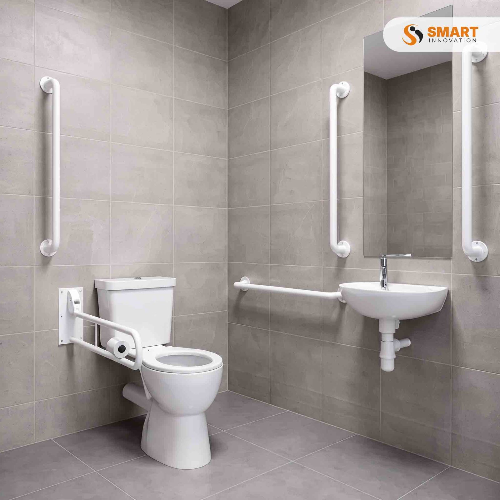 Doc M Pack Accessible Bathroom Toilet with Basin and White Grab Rails