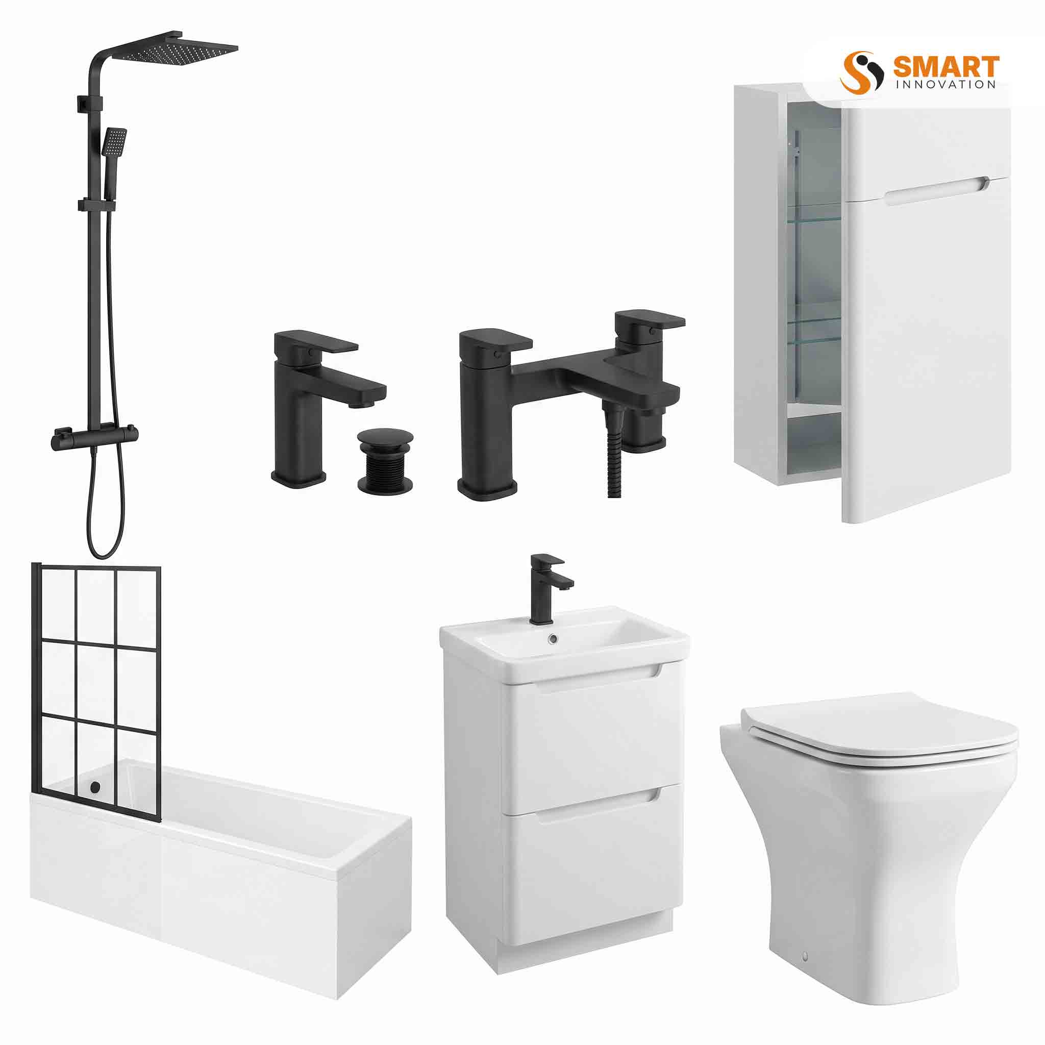 Monza Black Matt Shower Bath Suite with Vanity Unit, WC, Bath and Black Matt Shower