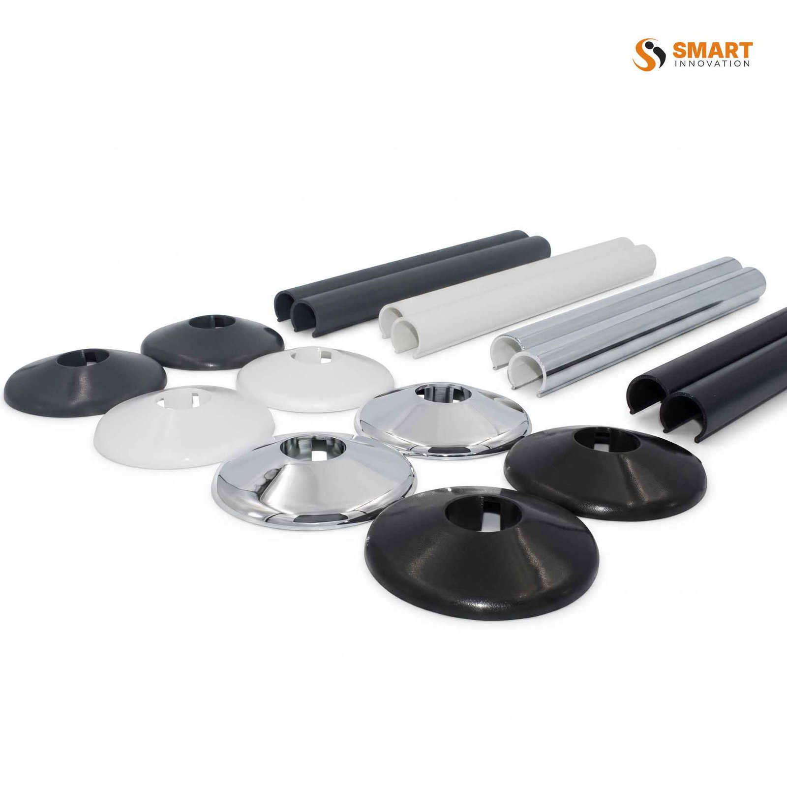 PVC pipe cover and collars for concealing exposed pipework with a neat professional finish.
