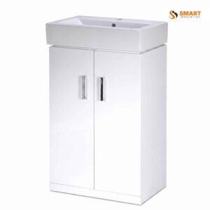 A cube-design 450mm bathroom unit with integrated basin and white gloss finish — compact but not cramped, modern lines, actually works.