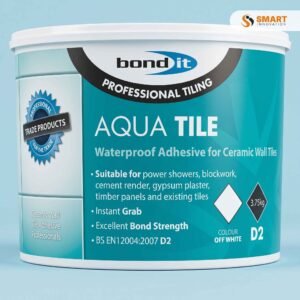 Aqua-Tile Water-Resistant Wall Tile Adhesive - 15kg tub displayed next to a premium bathroom shower wall project