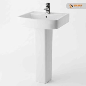 Bliss 520mm Basin & Pedestal in a white vitreous china finish with a contemporary square bowl, integrated overflow, and single tap hole.
