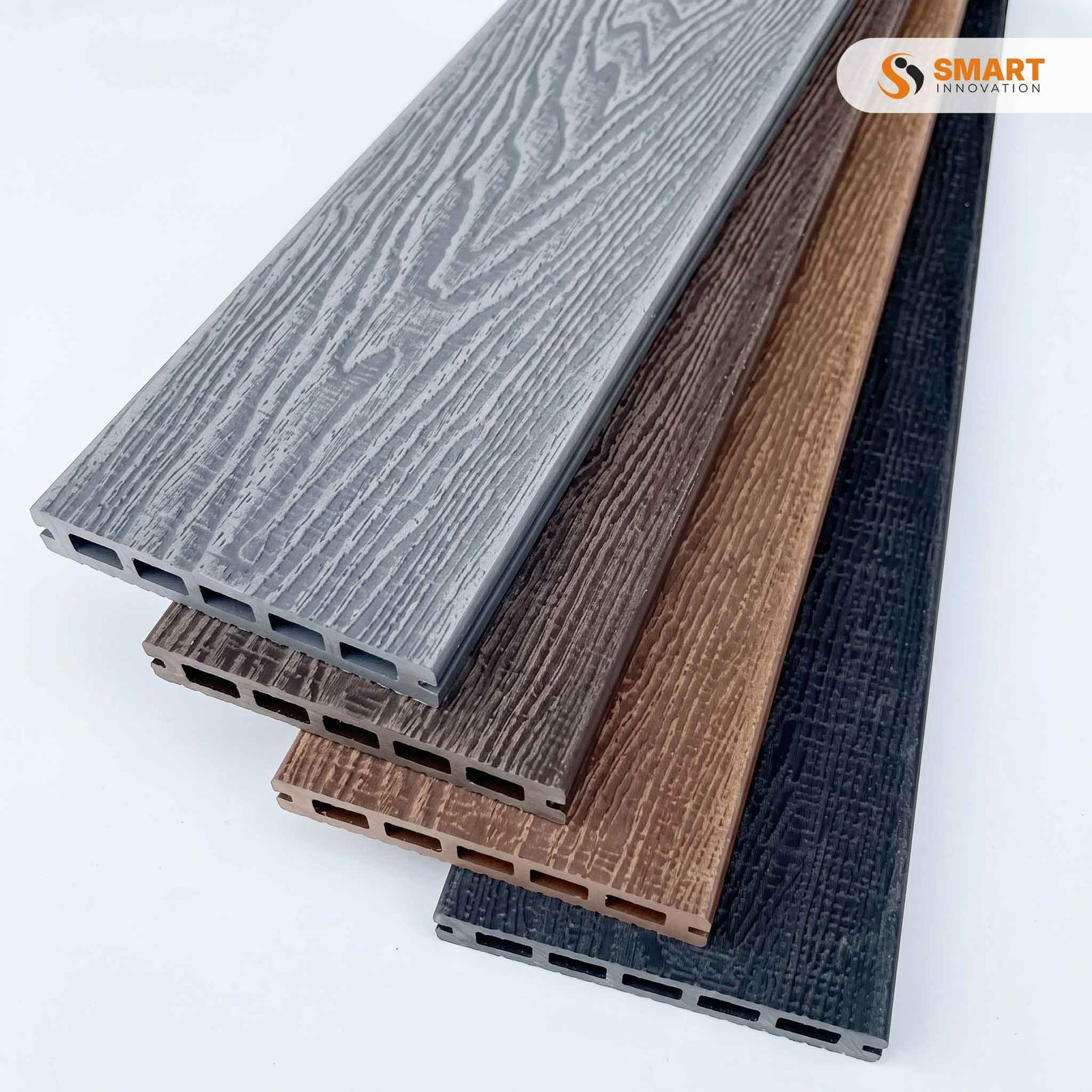 Brown composite decking — the boards that look like real timber but don't need stripping and resealing every couple of years.