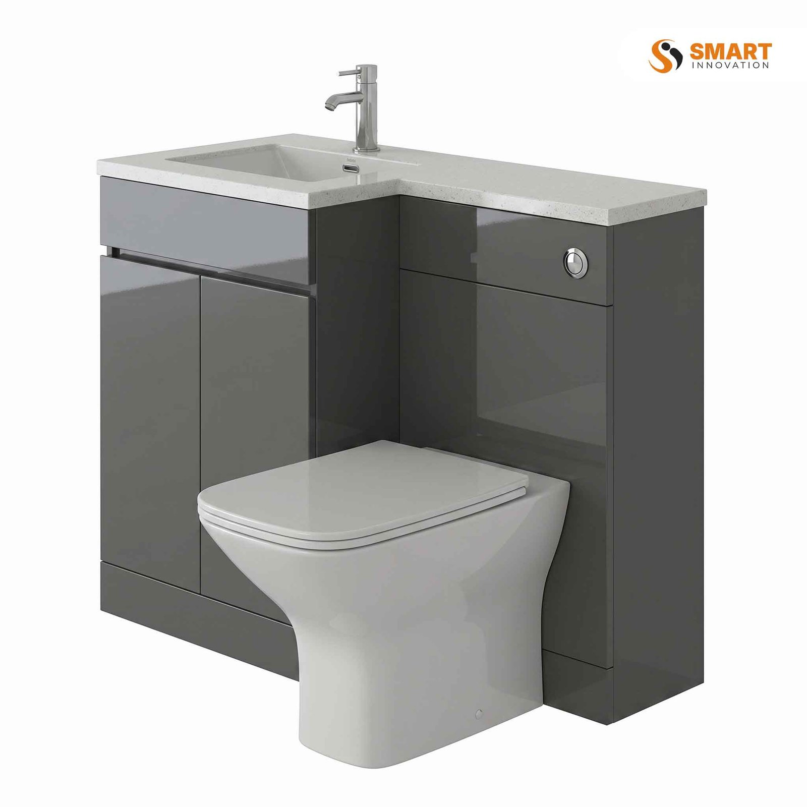 An L-shaped bathroom furniture set in dark grey — 600mm vanity and 500mm WC unit together, modern look, sits in the corner coordinated and intentional.
