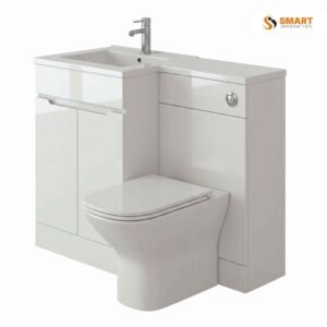 An L-shaped bathroom furniture set — 600mm vanity and 500mm WC unit together, white, waterproof, sits in the corner like it was always meant to be there.