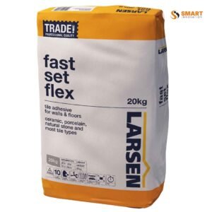 Larsen Trade Fast Set Flex - Grey - 20kg bag displayed alongside a freshly tiled stone floor layout
