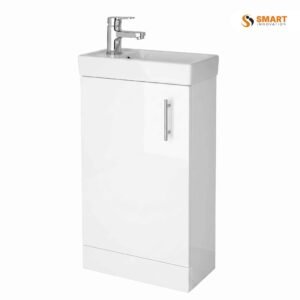 A compact 400mm bathroom unit with integrated basin and white gloss finish — proper vanity in a space where nothing else fits.