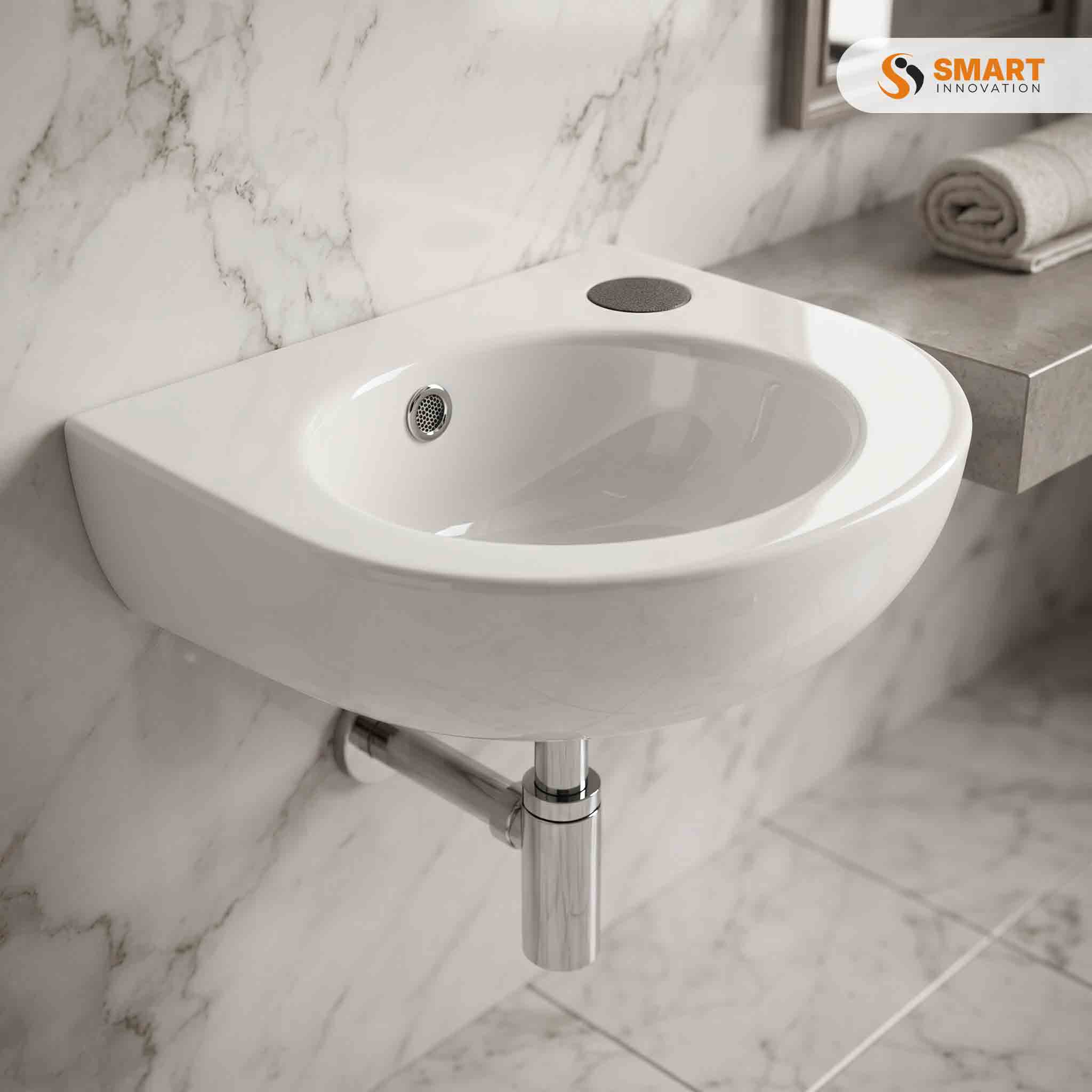 Nuie Round 450mm Wall Hung Cloakroom Basin in gloss white ceramic with a single tap hole and integrated overflow, designed for compact bathrooms and cloakrooms.