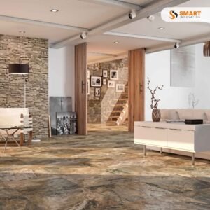 P.E. Slate Multi - 30x60 - Oset tiles installed on a rustic feature wall behind a wood burner